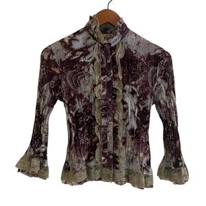Y2K Lloyd Williams Blouse Woman Small Crinkle Sheer Lace Bell Sleeve Forestfairy
